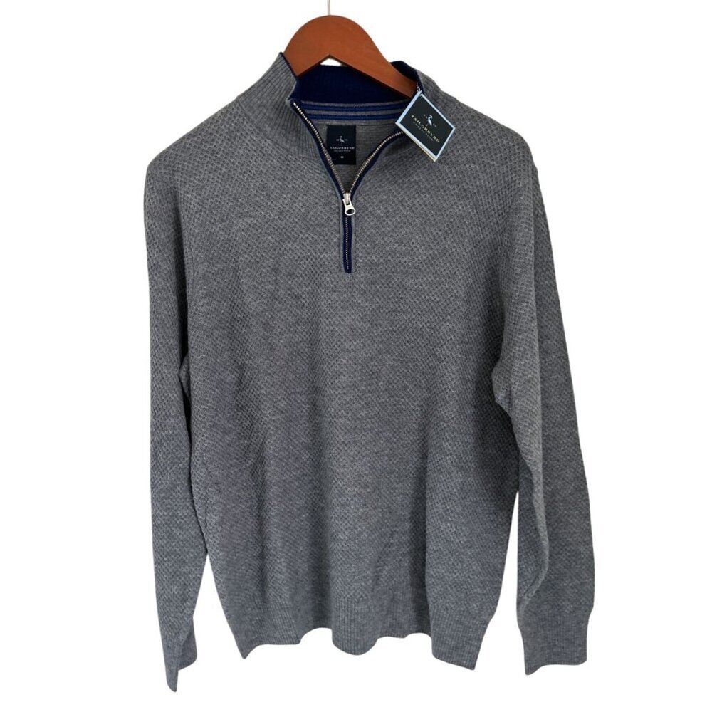Tailorbyrd Cotton Textured Waffle Quarter-Zip Pullover Gray Size Med